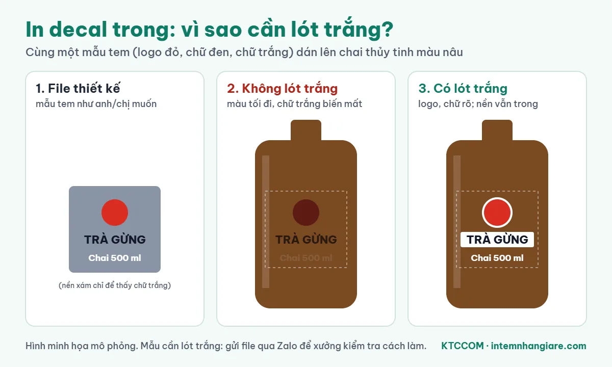 So sánh in decal trong không lót trắng và có lót trắng trên chai thủy tinh màu nâu
