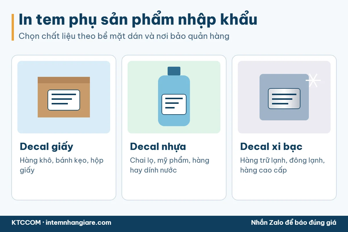 Hình minh họa in tem phụ sản phẩm nhập khẩu: decal giấy, decal nhựa, decal xi bạc theo loại hàng