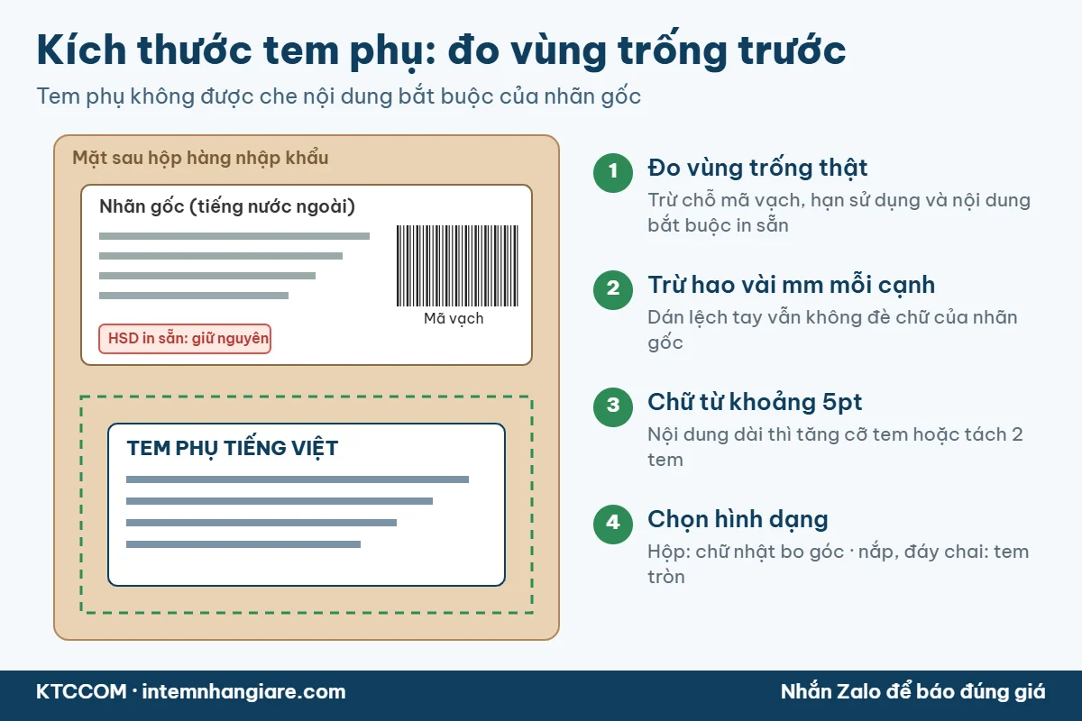Kích thước tem phụ: đo vùng trống trên bao bì, không che mã vạch và hạn sử dụng của nhãn gốc