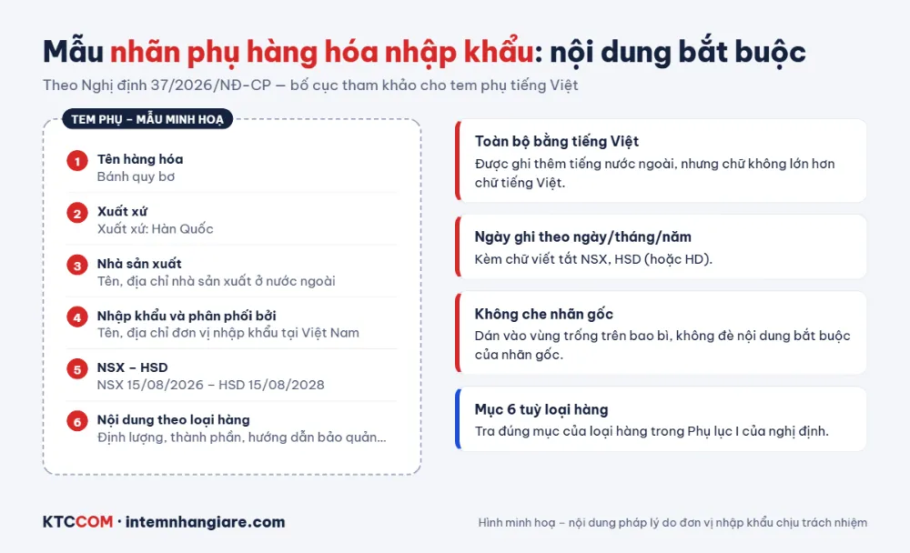 Mẫu nhãn phụ hàng hóa nhập khẩu với 6 nội dung bắt buộc theo Nghị định 37/2026